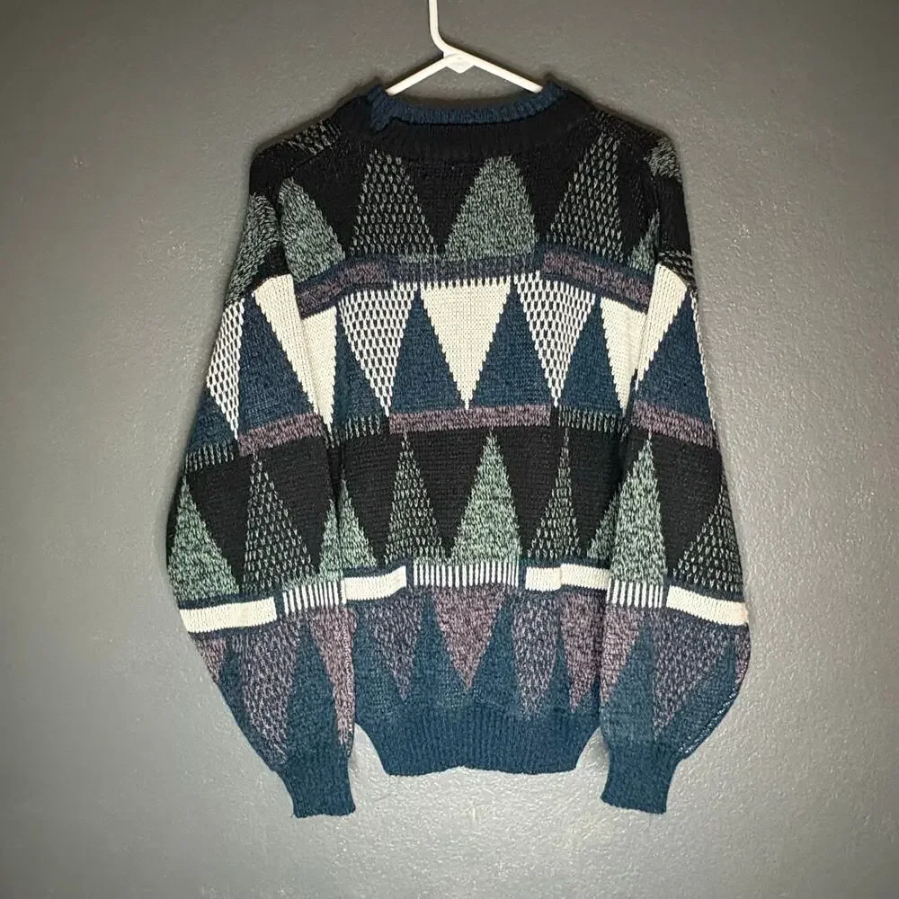 Vintage 90s Michael Gerald Knit Sweater Mens M  Green Geometric Grandpa Retro